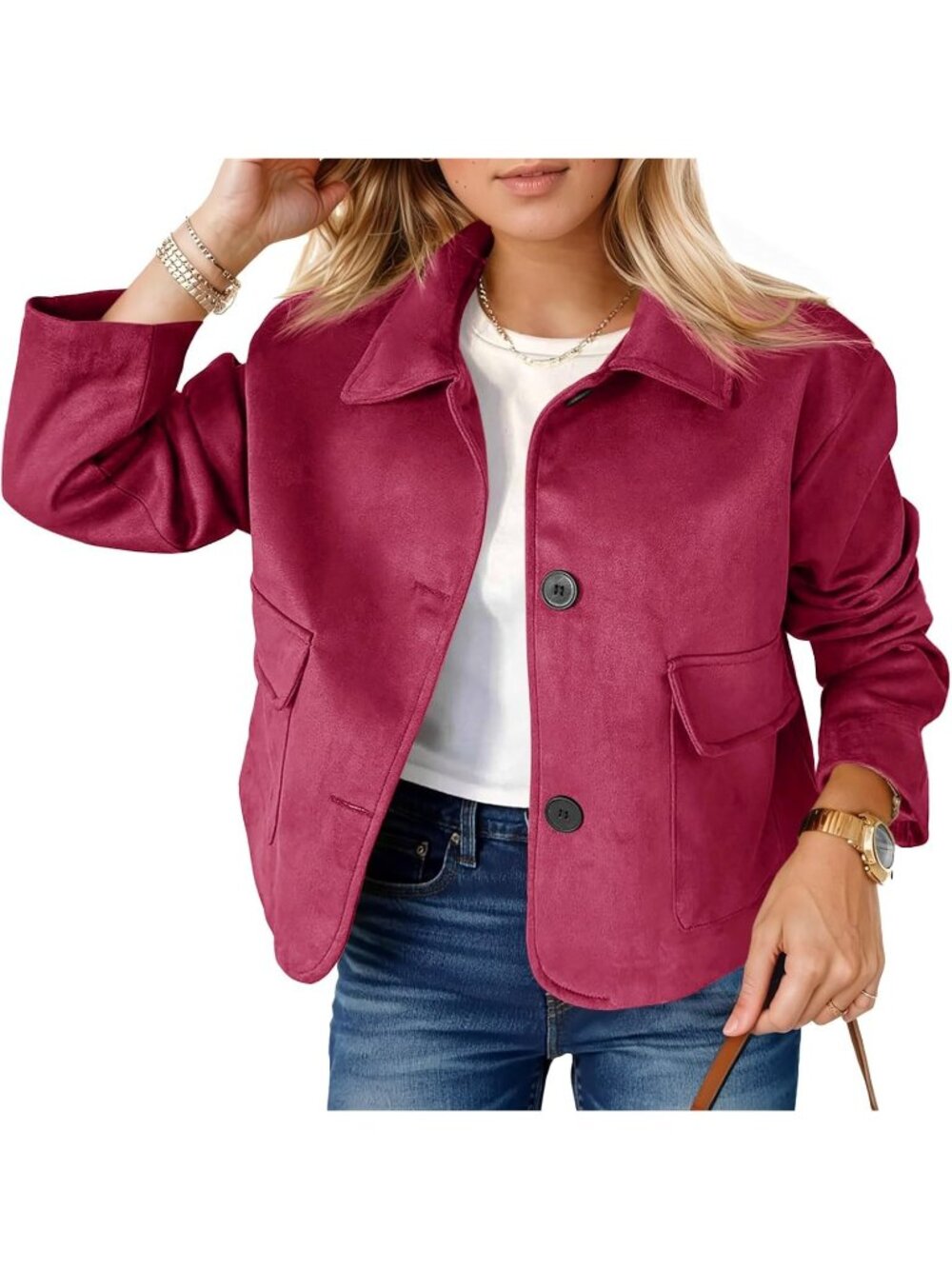 Women's Wine Red Faux Suede Button Down Vintage Casual Shacket Cropped Jacket